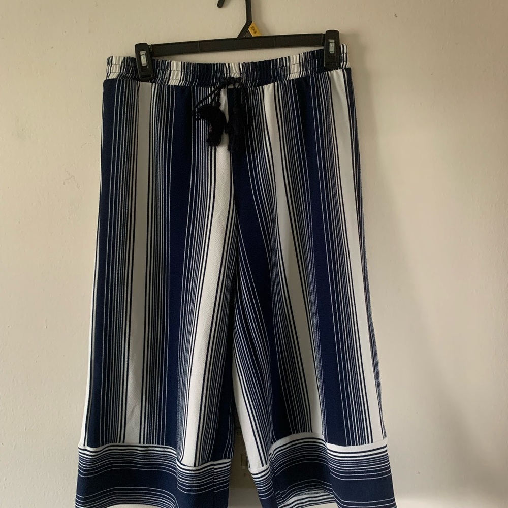 Navy and White Striped Wide-Leg Pants